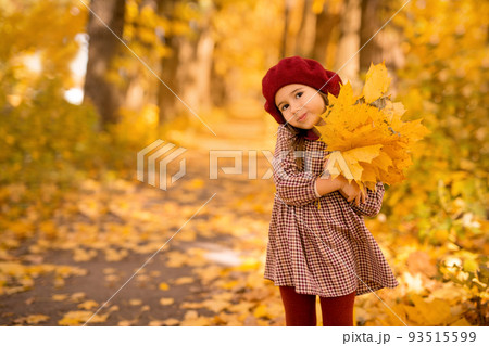 A cute little three-year-old girl with a bouquet of maple leaves in her hands in the park on a warm autumn day. Maple Alley. 93515599
