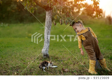 A funny little girl under a tree in the garden peeps as a homeless kitten drinks milk from a bowl. A stray cat. Life in the village. International Homeless Animals Day A funny little girl under a tree in the garden peeps as a homeless kitten drinks milk from a bowl. A stray cat. Life in the village. International Homeless Animals Day 93515609