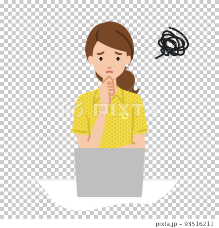 A woman in a polo shirt sitting at a desk and opening her PC A woman in a polo shirt sitting at a desk and opening her PC 93516211