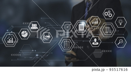 Businessman hand working innovation Action Plan strategy concept on virtual screen.strategy analysis success goals and sustainable development management. Copy Space. 93517616