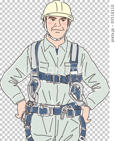 Wearing a full harness type fall prevention device_field worker_color_both hands on the waist_upper body Wearing a full harness type fall prevention device_field worker_color_both hands on the waist_upper body 93518118
