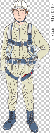 Wearing a full harness type fall prevention device _ field worker _ color _ one hand on the waist _ full body image Wearing a full harness type fall prevention device _ field worker _ color _ one hand on the waist _ full body image 93518119
