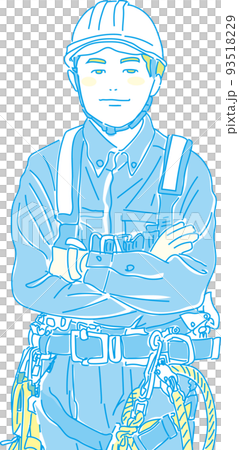 フルハーネス型墜落制止用器具着用_現場作業員_イエローシアン_ 腕組み_上半身 93518229