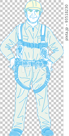 佩戴全吊帶式防墜器_現場作業人員_黃青色_雙手扶腰_全身圖 93518230