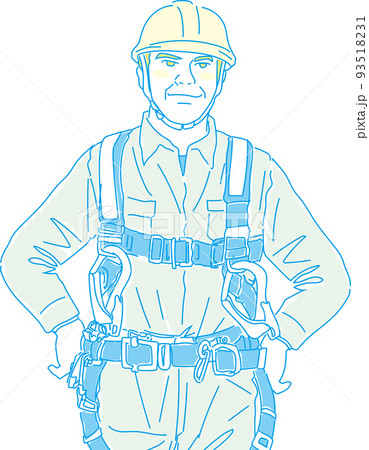 フルハーネス型墜落制止用器具着用_現場作業員_イエローシアン_両手を腰_上半身 フルハーネス型墜落制止用器具着用_現場作業員_イエローシアン_両手を腰_上半身 93518231