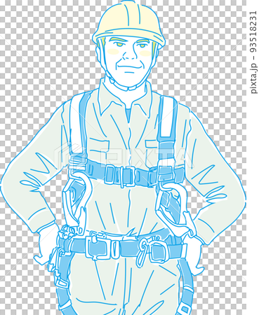 フルハーネス型墜落制止用器具着用_現場作業員_イエローシアン_両手を腰_上半身 フルハーネス型墜落制止用器具着用_現場作業員_イエローシアン_両手を腰_上半身 93518231