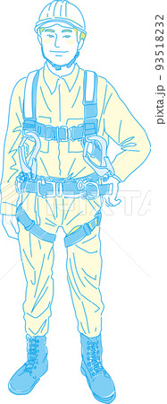 フルハーネス型墜落制止用器具着用_現場作業員_イエローシアン_片手を腰_全身像  93518232