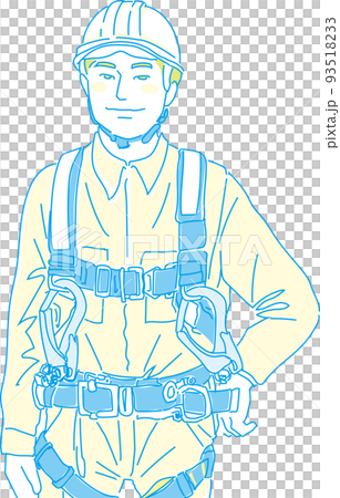 Wearing a full harness type fall prevention device_field worker_yellow cyan_one hand on the waist_upper body Wearing a full harness type fall prevention device_field worker_yellow cyan_one hand on the waist_upper body 93518233