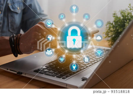 Casual Businessman Hand Touching Mobile Phone Screen and Blue Circle Lock Security Sign 93518818