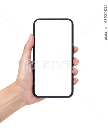 Hand business woman holding mobile smartphone with blank screen with space for inserting advertising text. isolated on white background with clipping path Hand business woman holding mobile smartphone with blank screen with space for inserting advertising text. isolated on white background with clipping path 93520830