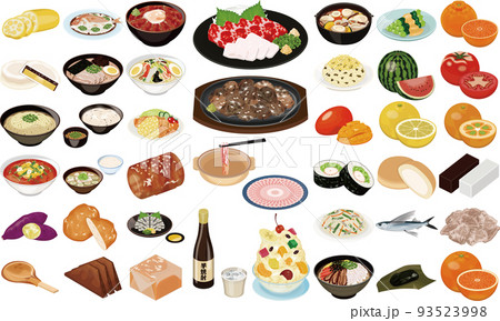 鹿児島、宮崎、熊本の人気グルメ・名産のイラスト①(馬刺し、地鶏の炭火焼き、白くま、黒豚しゃぶしゃぶ) 鹿児島、宮崎、熊本の人気グルメ・名産のイラスト①(馬刺し、地鶏の炭火焼き、白くま、黒豚しゃぶしゃぶ) 93523998