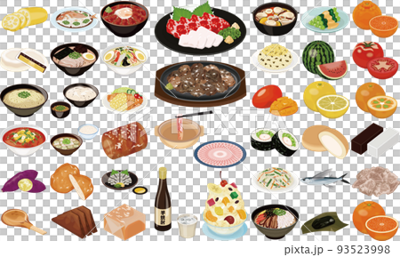 鹿児島、宮崎、熊本の人気グルメ・名産のイラスト①(馬刺し、地鶏の炭火焼き、白くま、黒豚しゃぶしゃぶ) 鹿児島、宮崎、熊本の人気グルメ・名産のイラスト①(馬刺し、地鶏の炭火焼き、白くま、黒豚しゃぶしゃぶ) 93523998