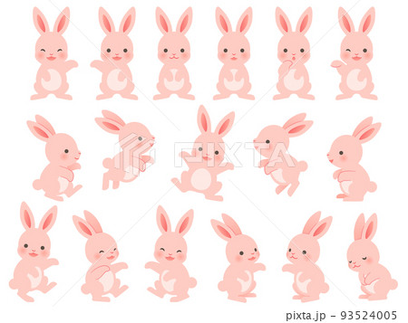 二足歩行のピンクのウサギのキャラクターのイラストセットのイラスト素材