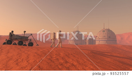 Mars colony. Expedition on alien planet. Life on Mars. 3d Illustration. Mars colony. Expedition on alien planet. Life on Mars. 3d Illustration. 93525557