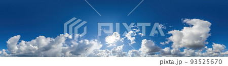 Blue sky panorama with puffy Cumulus clouds. Seamless hdr pano in spherical equirectangular format. Sky dome or zenith for 3D visualization, game and sky replacement for aerial drone 360 panoramas. 93525670