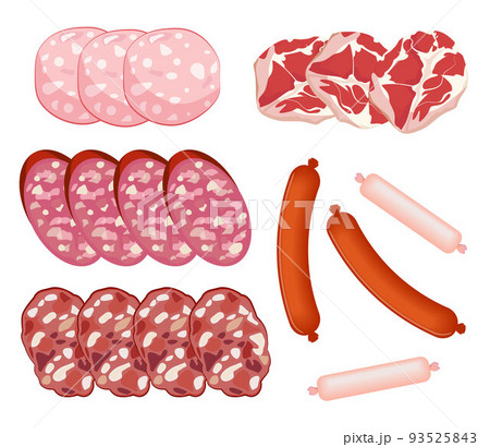 Sausages and frankfurters set. Slices of salami and delicatessen. Vector illustration on white background. 93525843