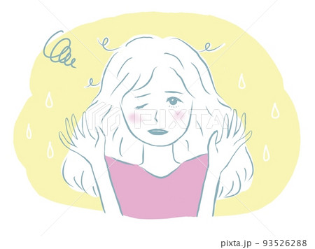 湿気で髪が広がりボサボサになり困る女性  美容 ビューティー ヘアケア 93526288