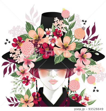 Vector illustration of a woman wearing a Gat, Korea traditional hat decorated with flowers. Design for poster, card, invitation and brochure Vector illustration of a woman wearing a Gat, Korea traditional hat decorated with flowers. Design for poster, card, invitation and brochure 93526649