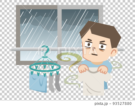 雨で洗濯物が干せずに呆然とする男性 93527880