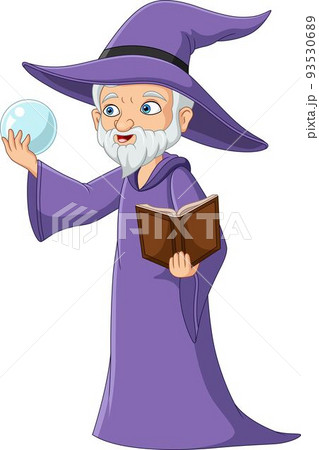 Cartoon old wizard holding crystal stone and magic book 93530689