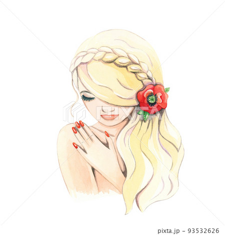 Delicate, watercolor image of a girl with long hair and painted nails. 93532626