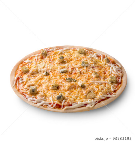 Overhead view isolated on white of a whole freshly baked delicious four cheeses Italian pizza on white background Overhead view isolated on white of a whole freshly baked delicious four cheeses Italian pizza on white background 93533192