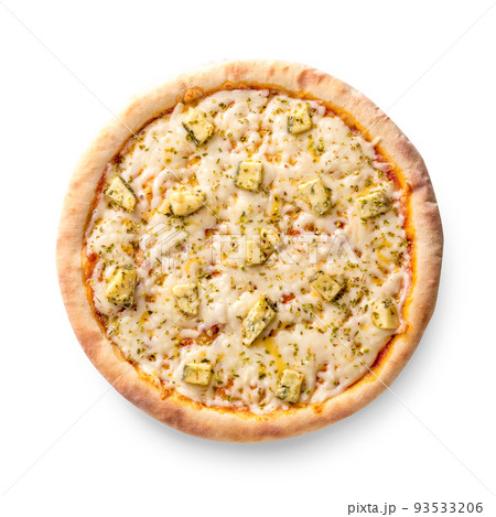 Overhead view isolated on white of a whole freshly baked delicious four cheeses Italian pizza on white background 93533206