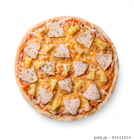 Delicious italian pizza with pineapples and chicken fillet isolated on white background. Top view Delicious italian pizza with pineapples and chicken fillet isolated on white background. Top view 93533214