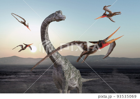 恐竜のブラキオサウルスの周りを翼竜のプテラノドンが飛び交う 93535069