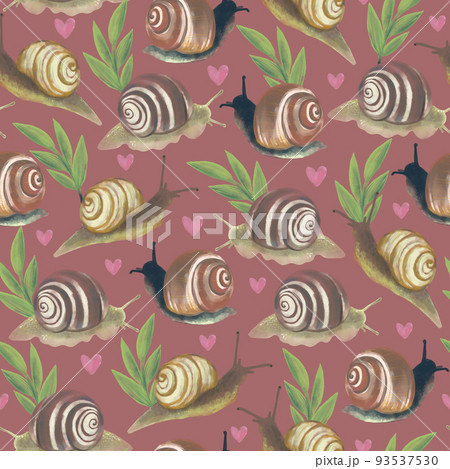 Seamless pattern with digital watercolor snails and hearts Seamless pattern with digital watercolor snails and hearts 93537530