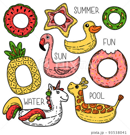 Set of colorful vector inflatable floats rings tubes for kids Set of colorful vector inflatable floats rings tubes for kids 93538041