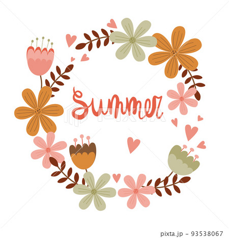 Summer card with floral wreath. Simple and cute poster hello summer with flowers 93538067