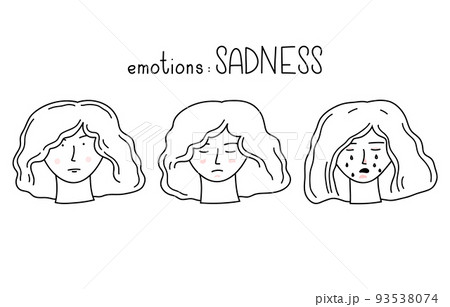 Hand-drawn doodle vector set with girl's faces with different emotions of sadness 93538074
