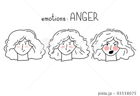 Hand-drawn doodle vector set with girl's faces with different emotions of anger 93538075