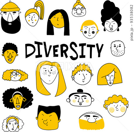 Collection of cute and diverse hand drawn faces in black, yellow and white 93538082