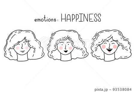 Hand-drawn doodle vector set with girl's faces with different emotions of happiness 93538084