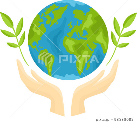 Hands holding green Earth globe with plant and leaves. Vector Illustration 93538085