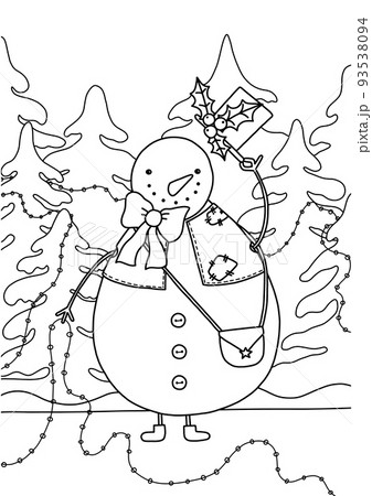 Vector coloring picture of a snowman with a hat and garland in the woods. 93538094