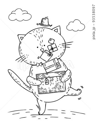 Coloring page outline of cartoon smiling cute cat with Christmas gift. 93538097