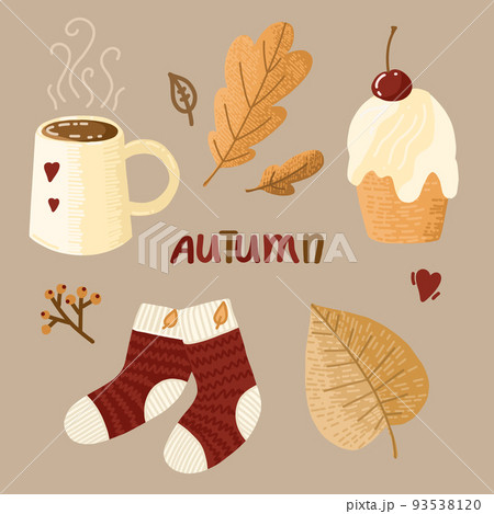 Cozy autumn. Set of cute autumn elements - knitted socks, warming drink, cake, autumn leaves.  93538120
