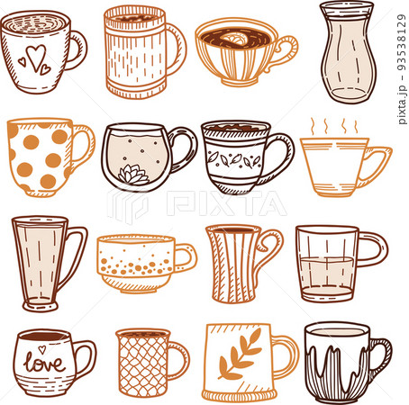 Collection of different doodle cups decorated with design elements. Vector set of colored mugs Collection of different doodle cups decorated with design elements. Vector set of colored mugs 93538129