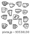 Collection of different doodle cups decorated with design elements. Vector set of colored mugs 93538130