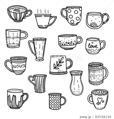Collection of different doodle cups decorated with design elements. Vector set of colored mugs 93538130
