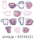 Collection of different doodle cups decorated with design elements. Vector set of colored mugs 93538131