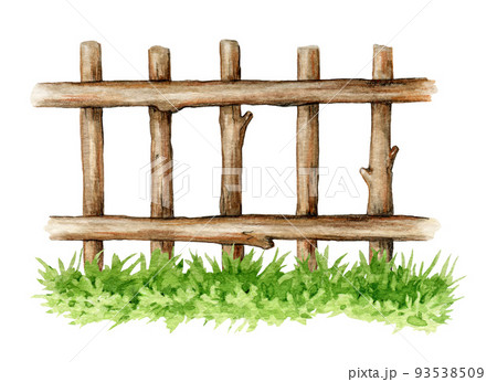 Wooden fence on the grass. Watercolor illustration. Wood trunk fence with green grass element. White background. Hand drawn vintage style rustic park, farm, garden border 93538509