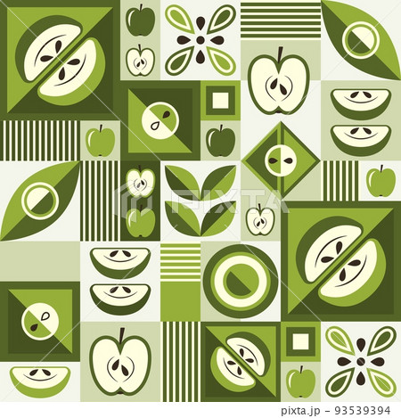 Green seamless background with apples and abstract shapes in geometric style. Green seamless background with apples and abstract shapes in geometric style. 93539394