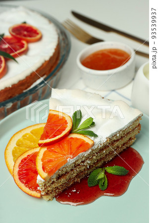 Concept of tasty food with pie with meringue, close up 93539937
