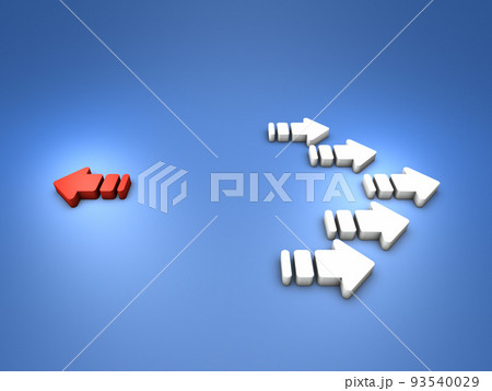 多くの矢印に反逆して、逆に進む単独の矢印。多数派に逆らう少数派を表す抽象的なコンセプト。 多くの矢印に反逆して、逆に進む単独の矢印。多数派に逆らう少数派を表す抽象的なコンセプト。 93540029