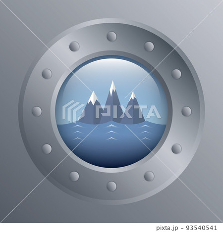 porthole with iceberg seascape view marine winter design 93540541
