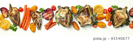 Concept of tasty food with grilled artichoke on white background 93540677